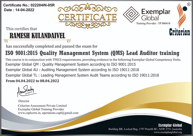 Certified Lead Auditor in ISO 9001:2015